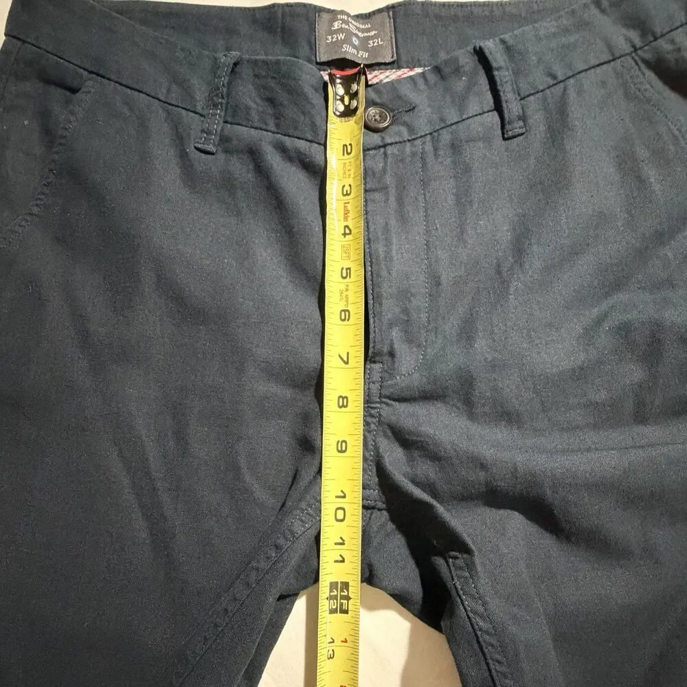 Ben Sherman Mens 32x32 Navy Blue Pants Slim Fit Linen Blend Flat Front (33x29.5)